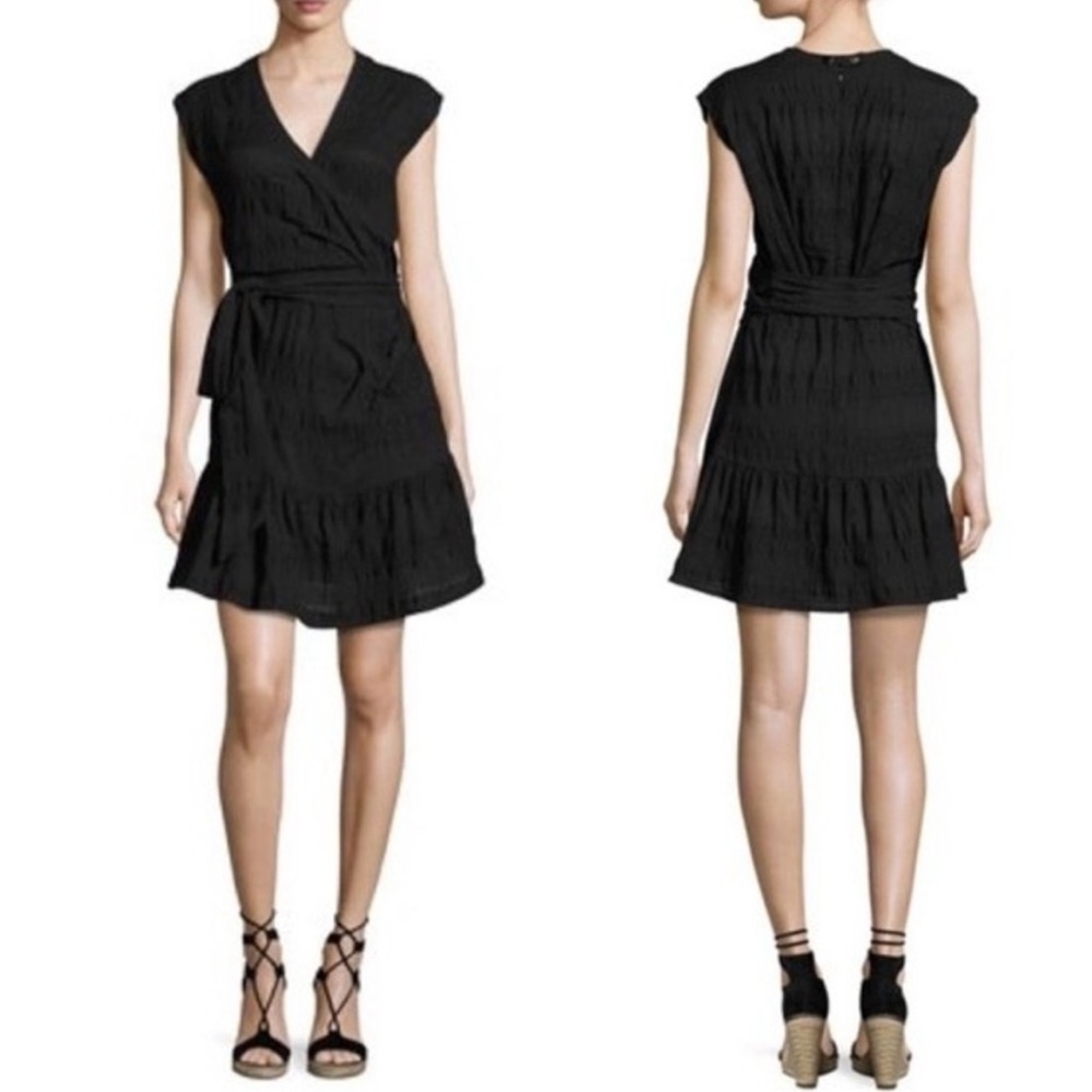 Veronica beard shadow shirred mini wrap dress black